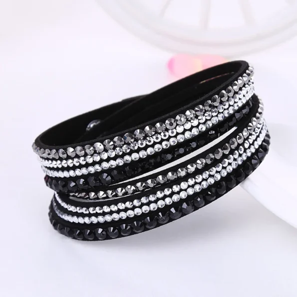 Korean Style Leather Wrap Bracelet with Rhinestones