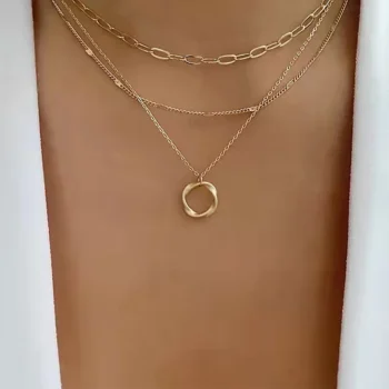 Gold Multi-Layer Circle Pendant Necklace