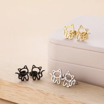 A pair of stainless steel cat stud earrings, with the cat design clearly visible.