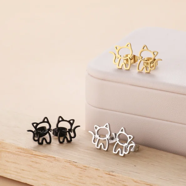 A pair of stainless steel cat stud earrings, with the cat design clearly visible.