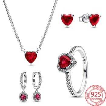 Red Jewelry Set UK Sale: Hoop Earrings, Womens Heart Pendant