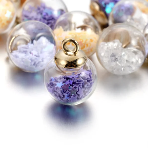 10 transparent glass ball charms with star sequins